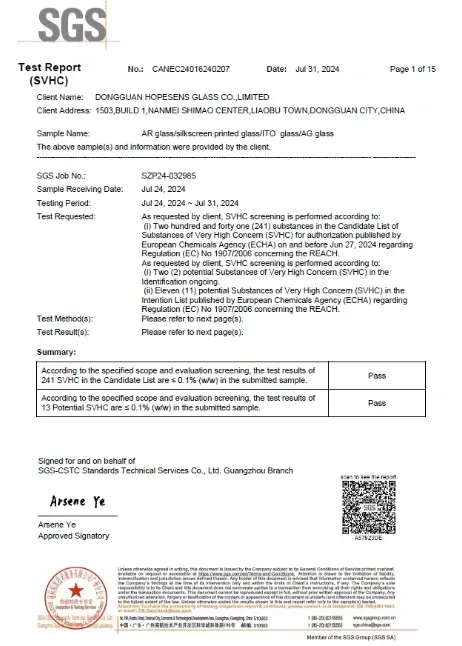 AR glass REACH certification document issued by SGS